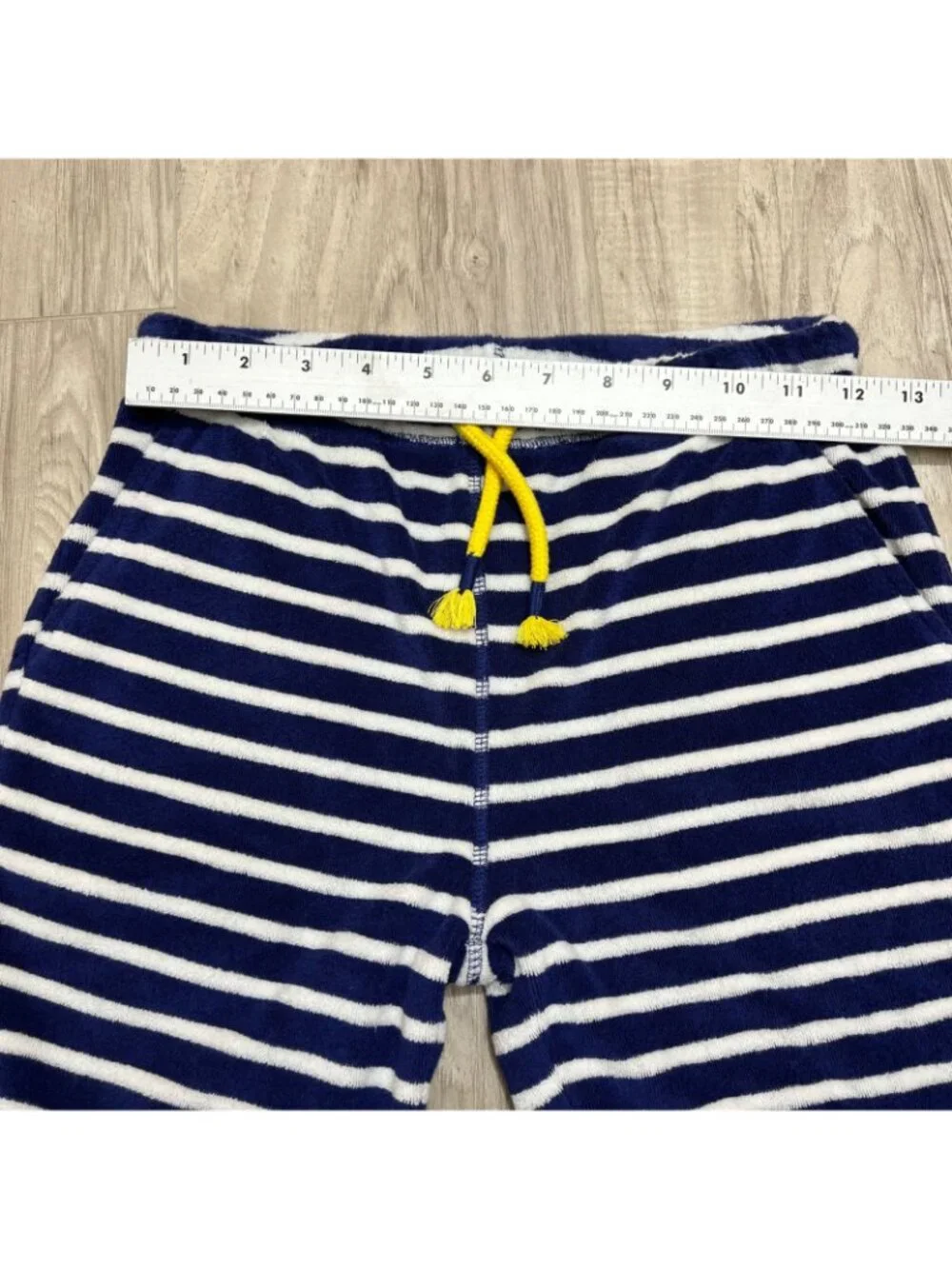 Mini Boden Toweling Shorts Size 10Y Blue White Striped Terry Cloth Yellow Pocket